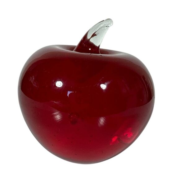 Vintage Hand Blown Glass Apple Ruby Red Clear Stem 4” Paperweight - Picture 1 of 8
